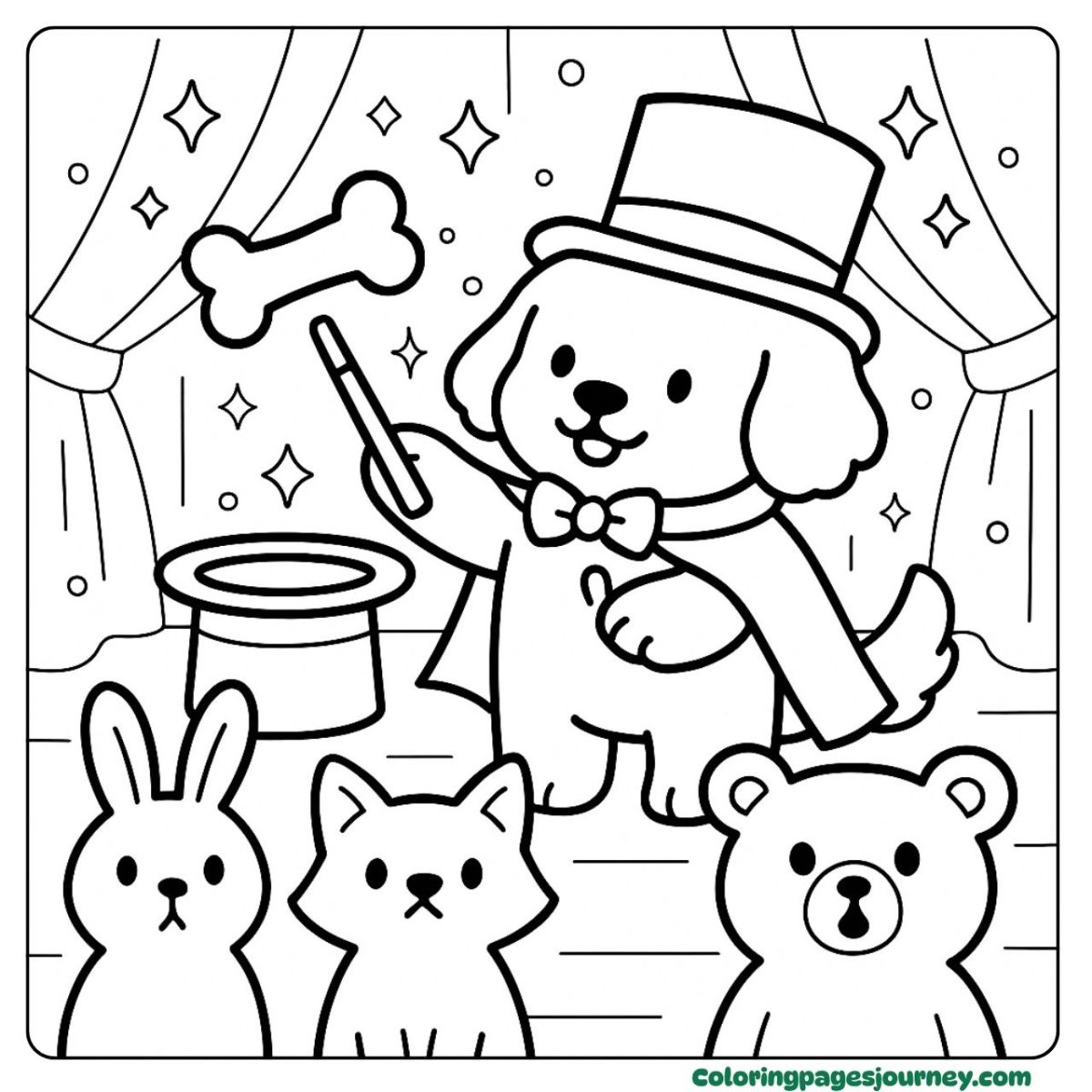 A Golden Retriever coloring page of a charming magic show A Golden Retriever coloring page doing a hat trick