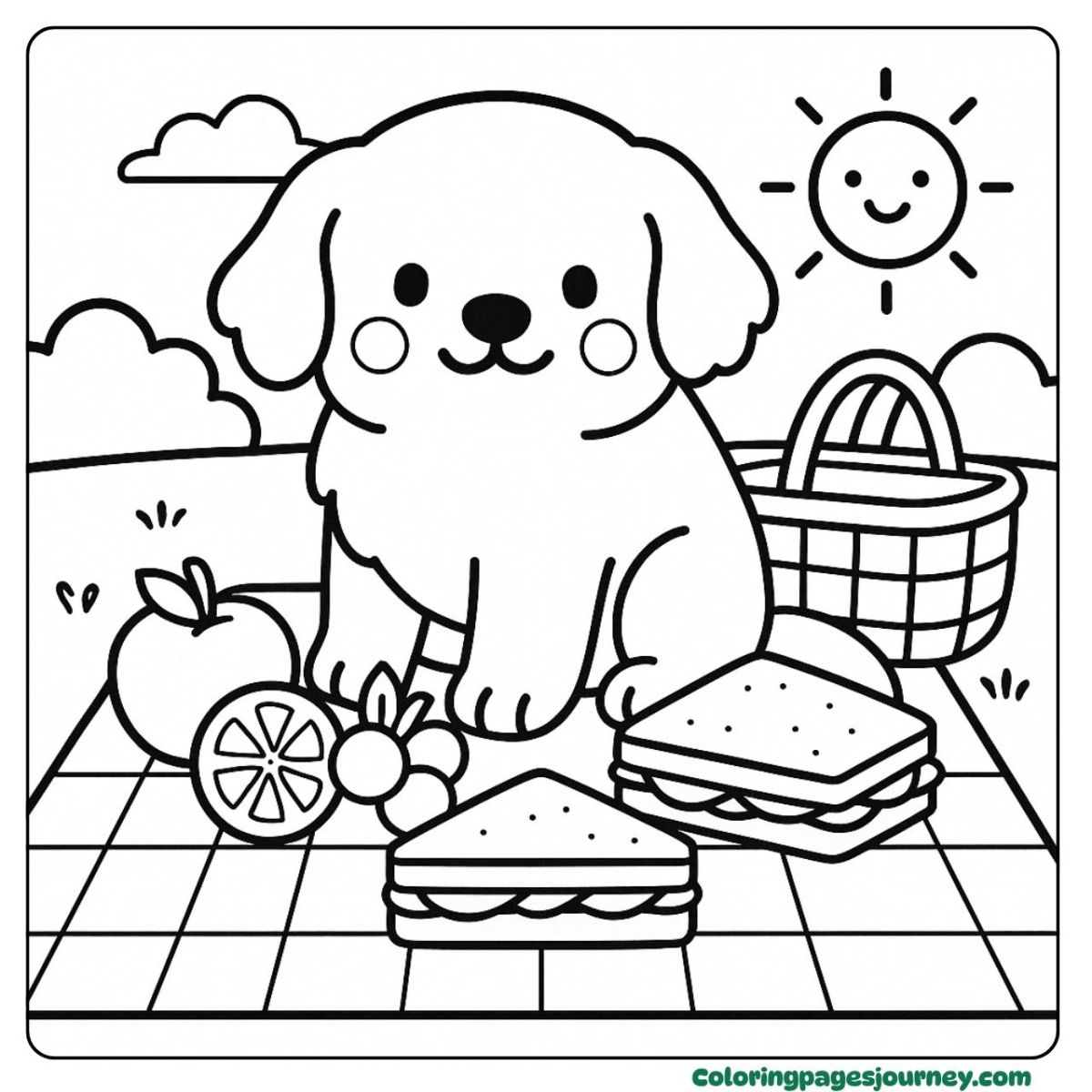 A Golden Retriever coloring page of a cute picnic time A Golden Retriever coloring page with fruit and sandwiches