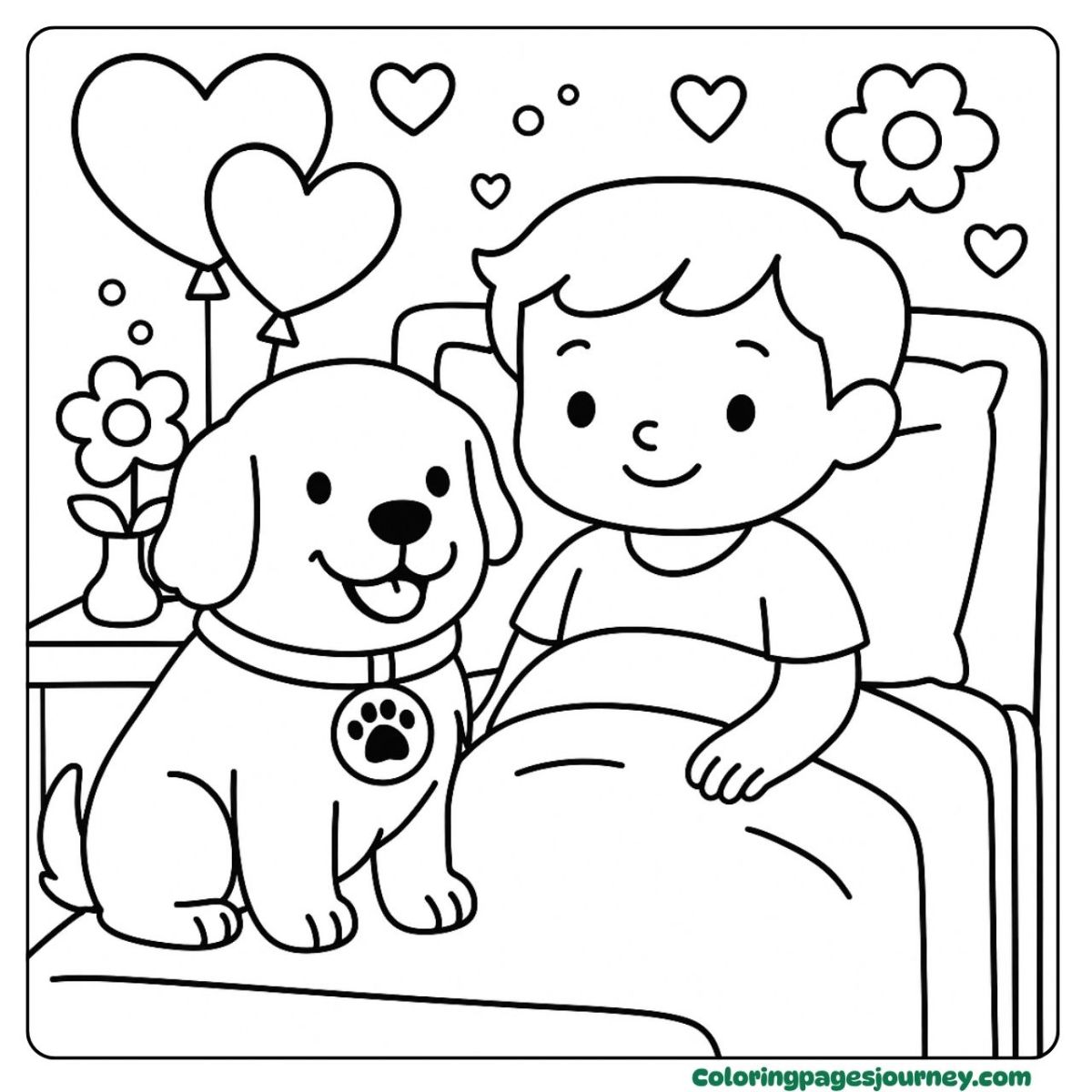 A Golden Retriever coloring page of a hospital visit moment A Golden Retriever coloring page with a sick child in bed