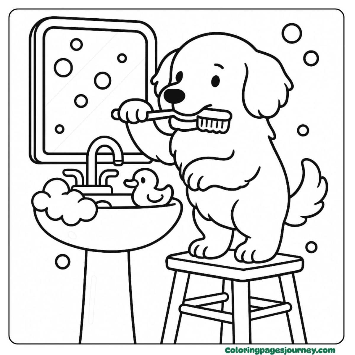 A Golden Retriever coloring page of brushing teeth at sink A Golden Retriever coloring page with a toothbrush moment