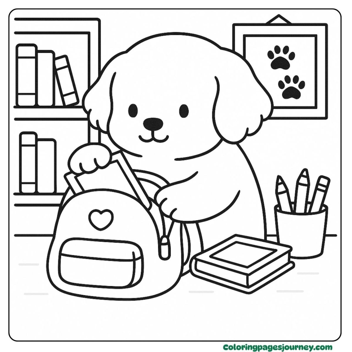 A Golden Retriever coloring page of packing for school A Golden Retriever coloring page arranging his school bag