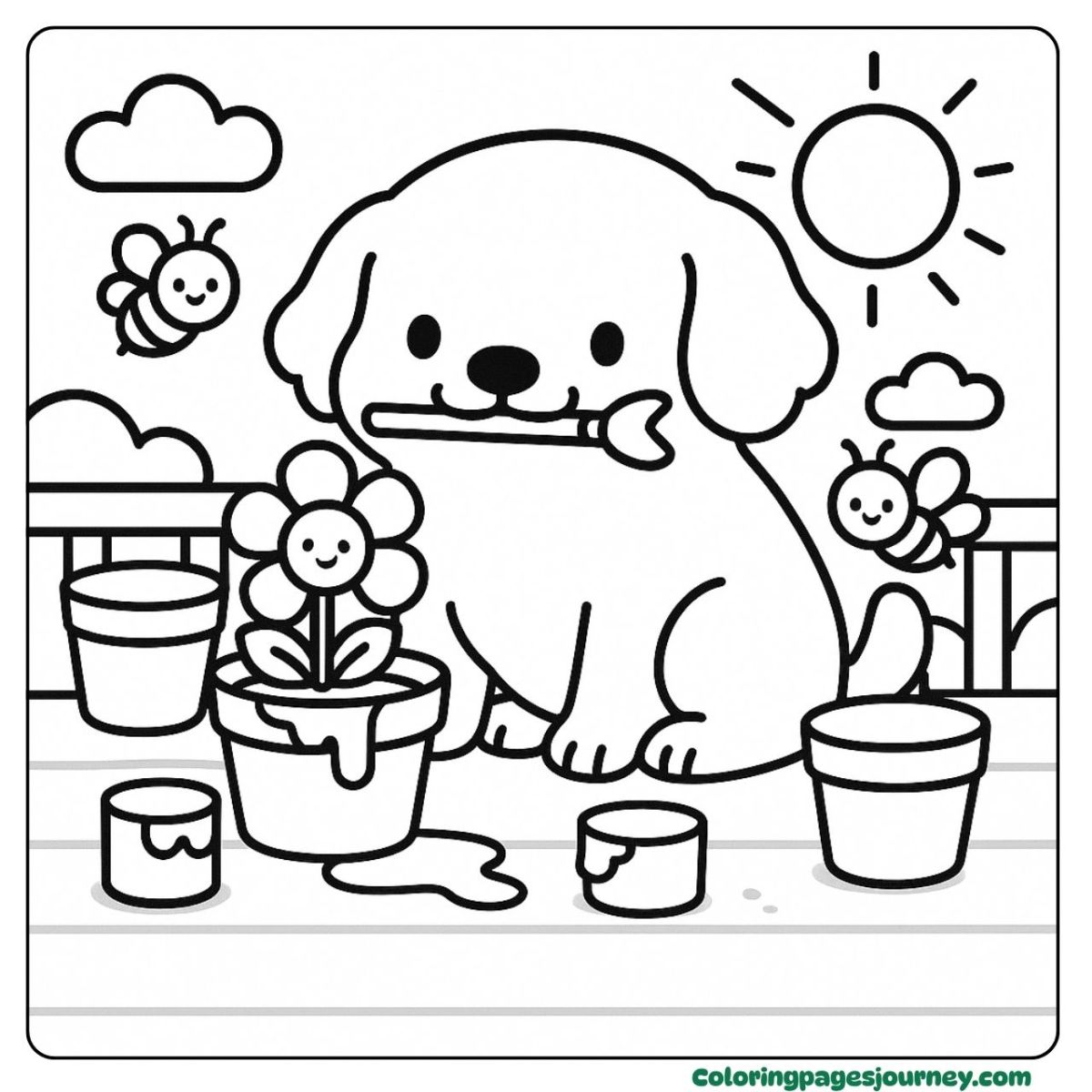 A Golden Retriever coloring page painting in the garden A Golden Retriever coloring page with flower pots and paint