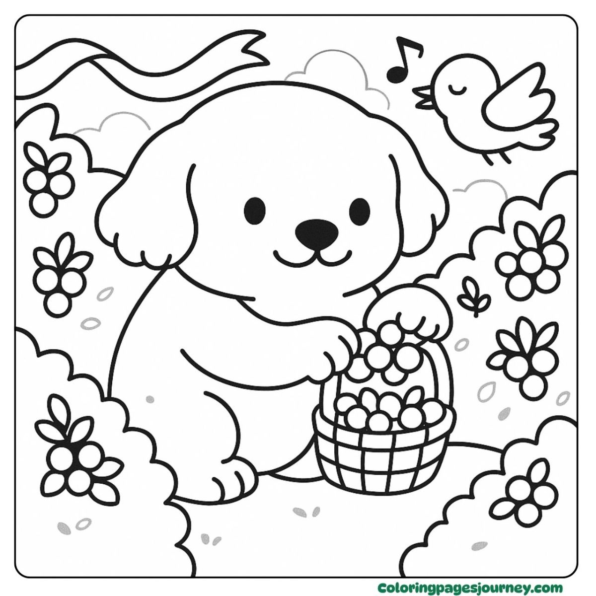 A Golden Retriever coloring page picking berries in garden A Golden Retriever coloring page with a berry basket