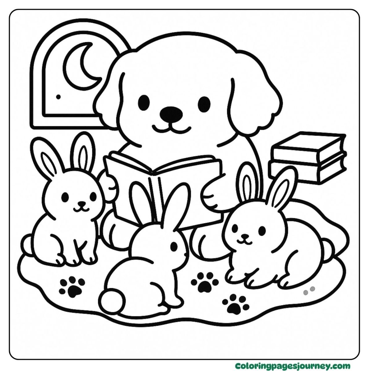 A Golden Retriever coloring page reading bedtime stories A Golden Retriever coloring page with bunnies and books