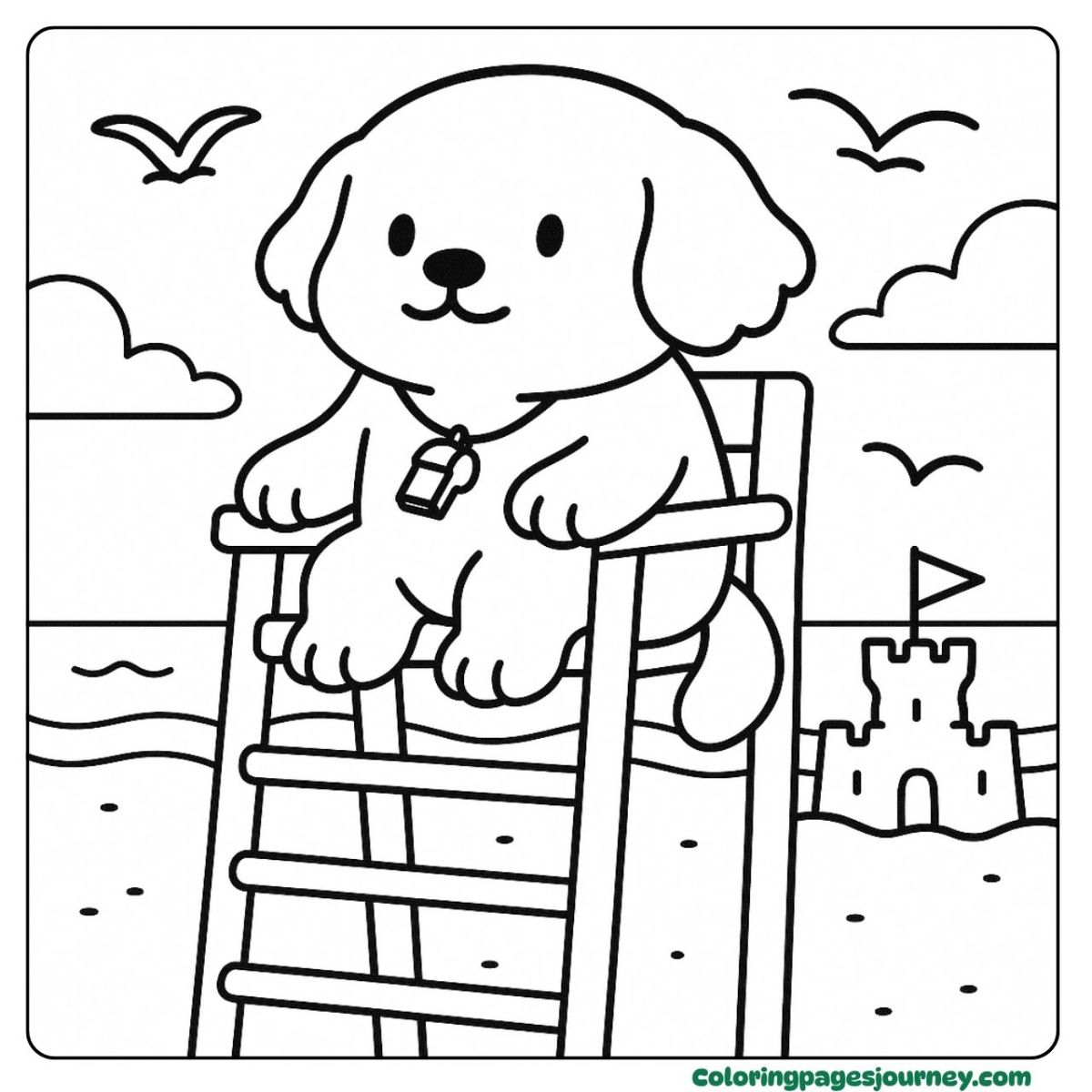 A Golden Retriever coloring page sitting as beach lifeguard A Golden Retriever coloring page guarding the seaside