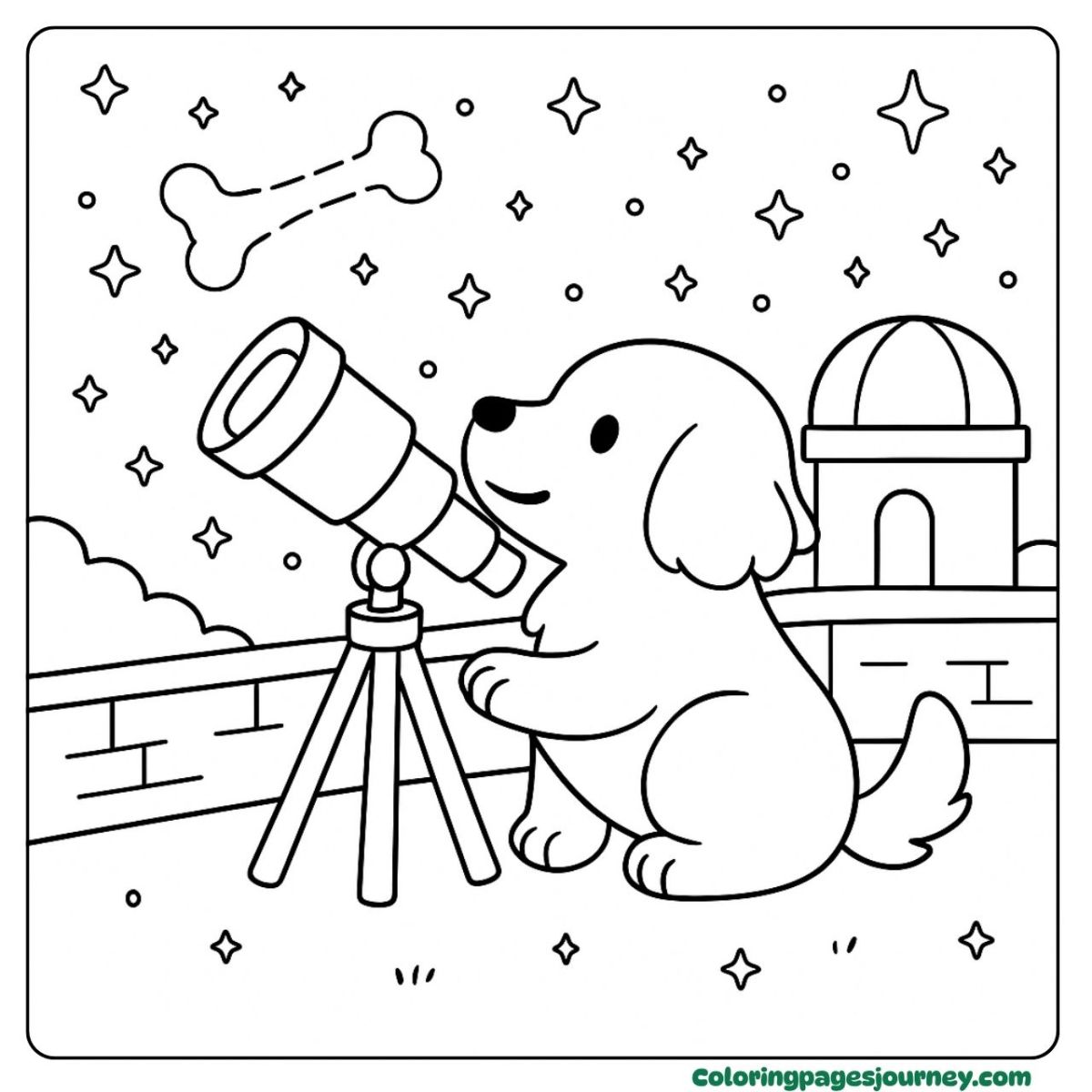 A Golden Retriever coloring page watching stars at night A Golden Retriever coloring page with a telescope and stars