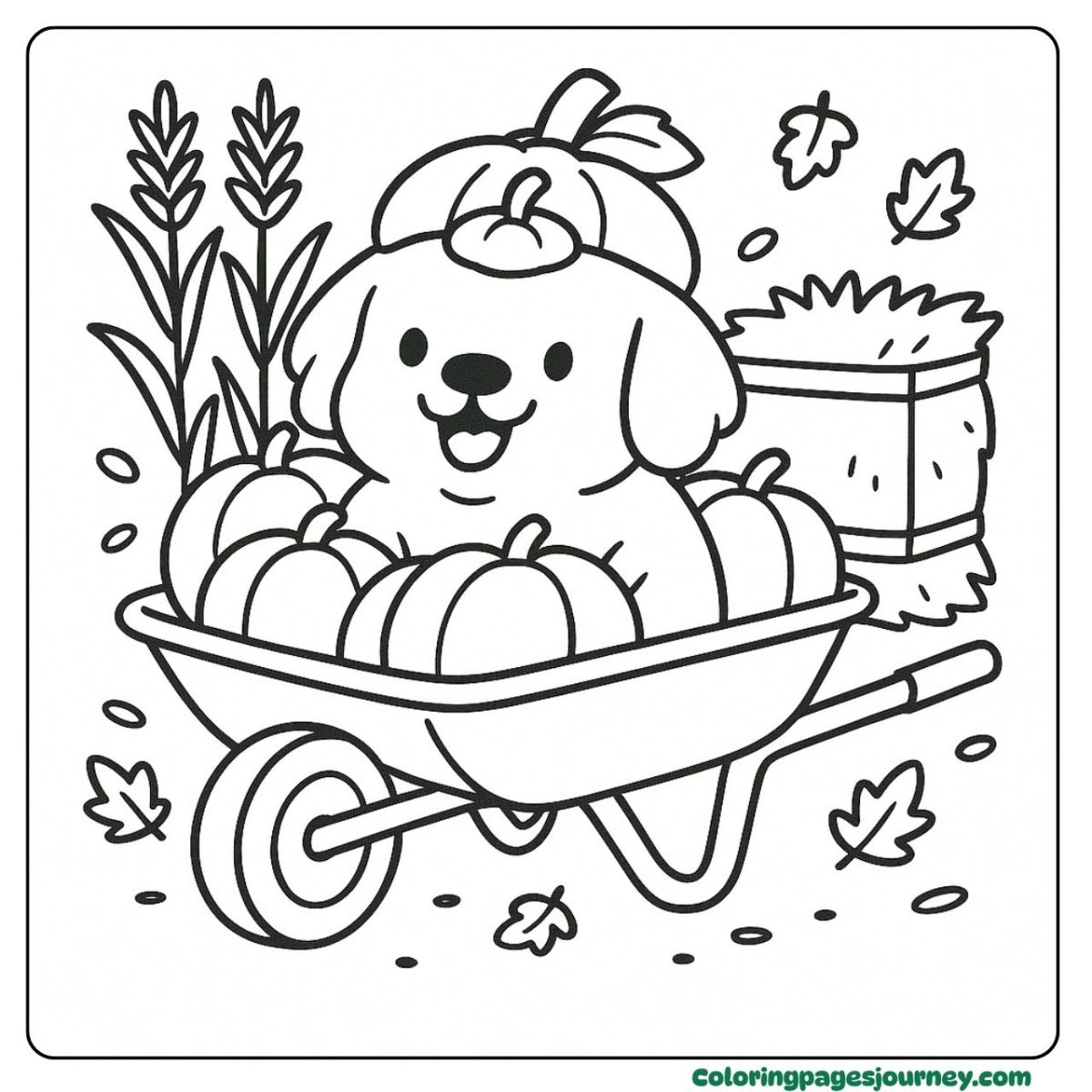 A Golden Retriever coloring page with pumpkins and hay A Golden Retriever coloring page in a wheelbarrow of pumpkins