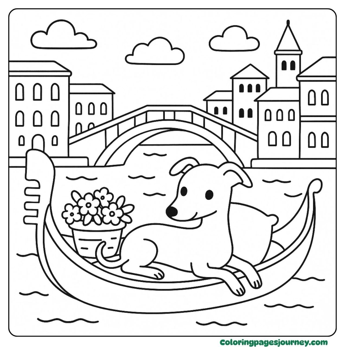 A Greyhound coloring page relaxing in a gondola ride A Greyhound coloring page floating in a gondola
