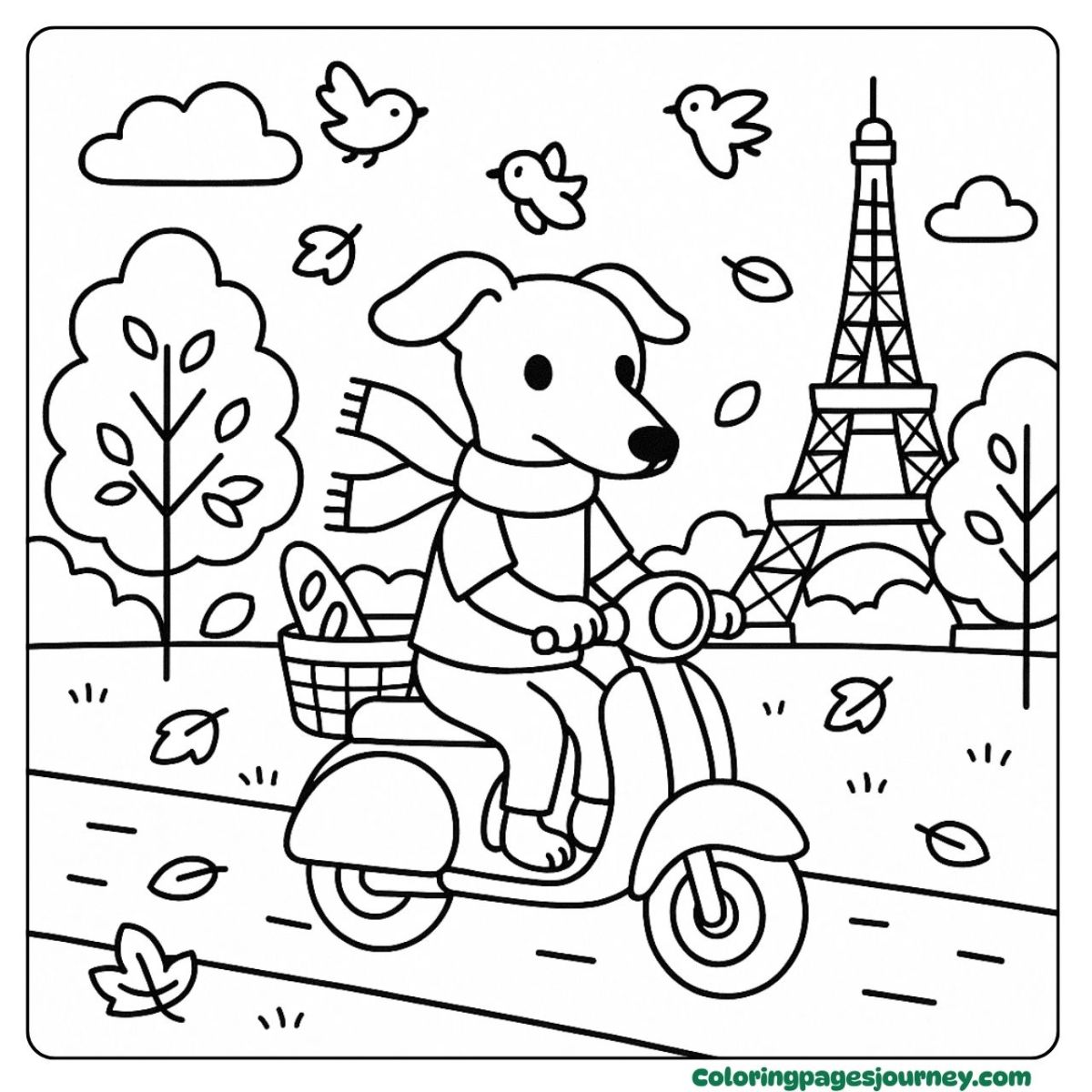 A Greyhound coloring page riding a scooter in Paris A Greyhound coloring page on a scooter with bread