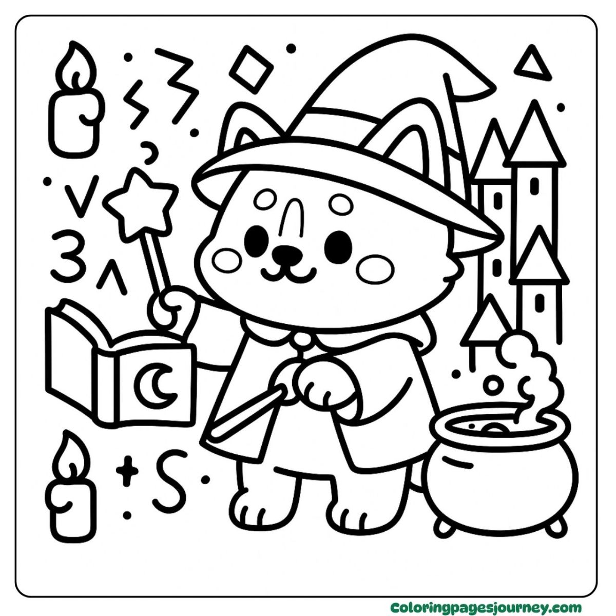 A Halloween dog coloring page casting wizard spells A Halloween dog coloring page with wizard costume