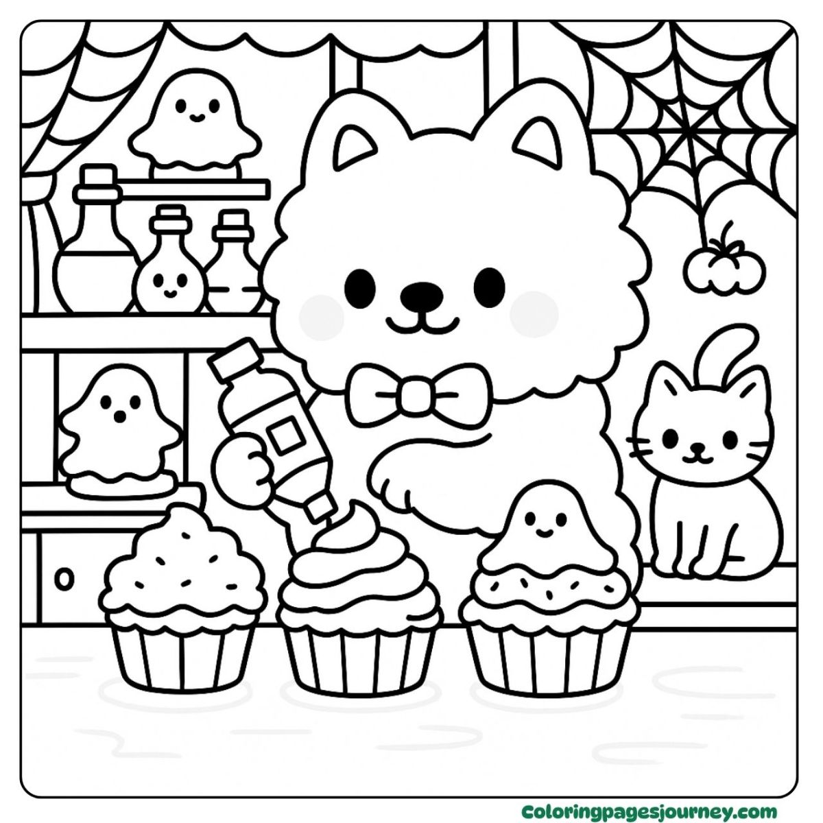 A Halloween dog coloring page decorating spooky cupcakes A Halloween dog coloring page with ghost cupcakes