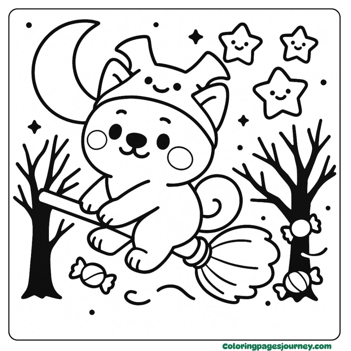 A Halloween dog coloring page flying on a broomstick A Halloween dog coloring page with broomstick ride