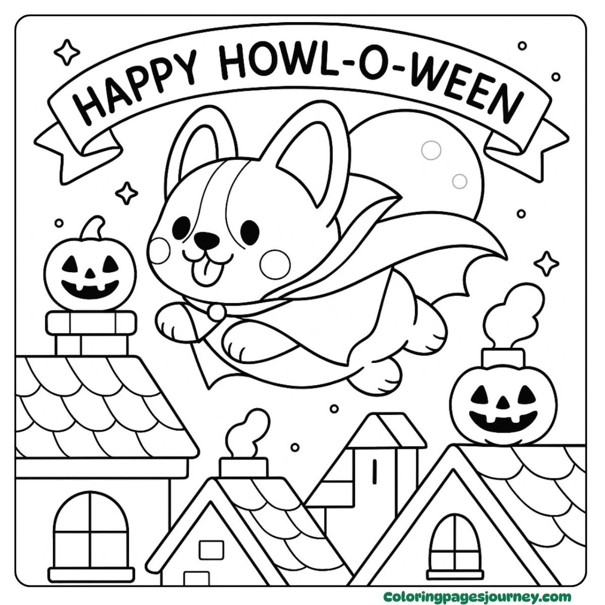 A Halloween dog coloring page flying over rooftops A Halloween dog coloring page with a flying cape pup