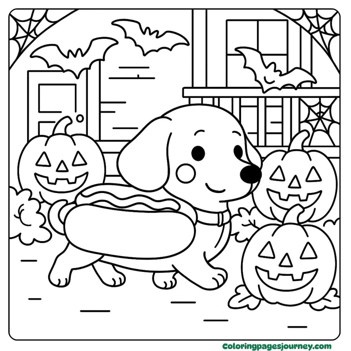 A Halloween dog coloring page in a hotdog costume A Halloween dog coloring page with pup in hotdog suit