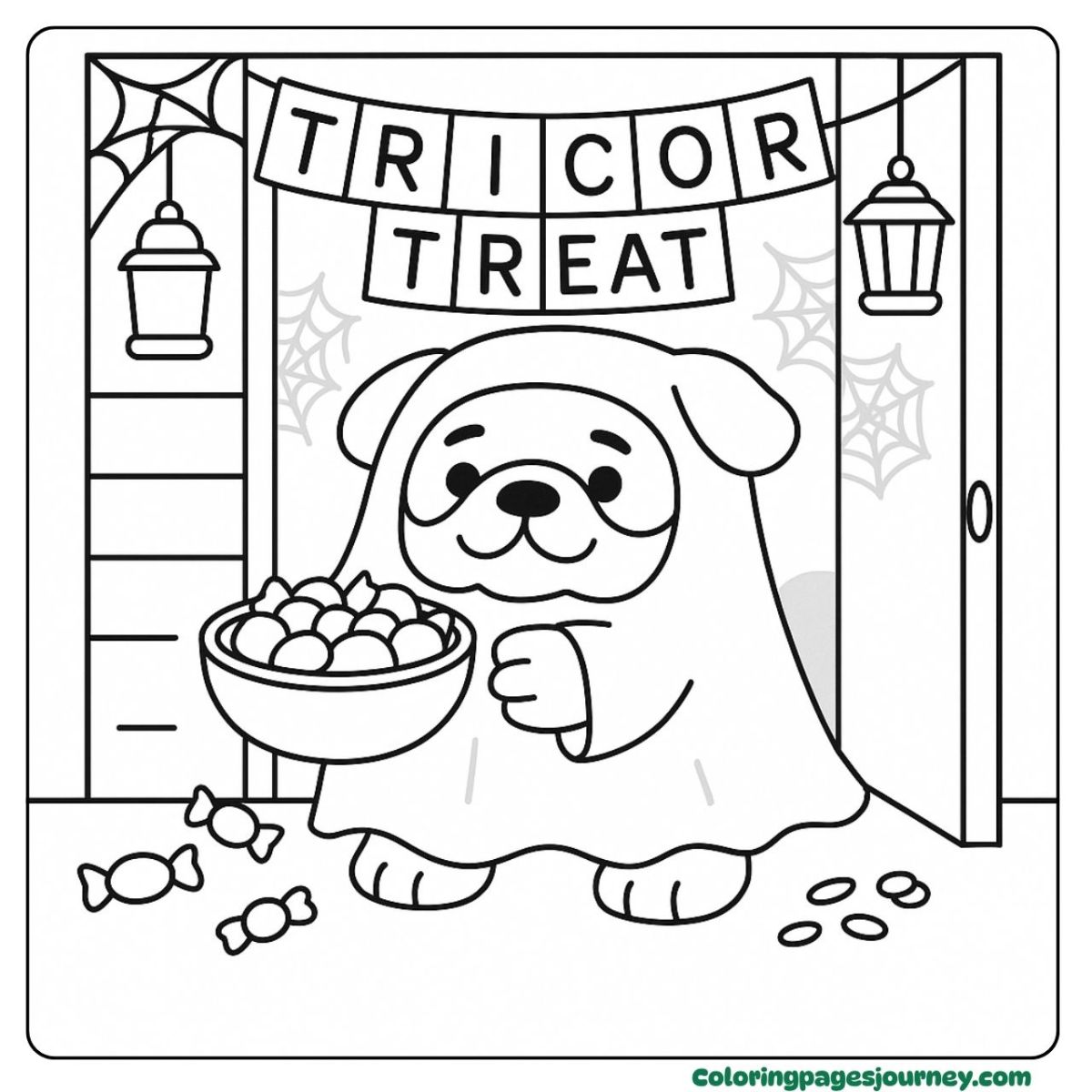 A Halloween dog coloring page playing trick or treating A Halloween dog coloring page with trick or treat