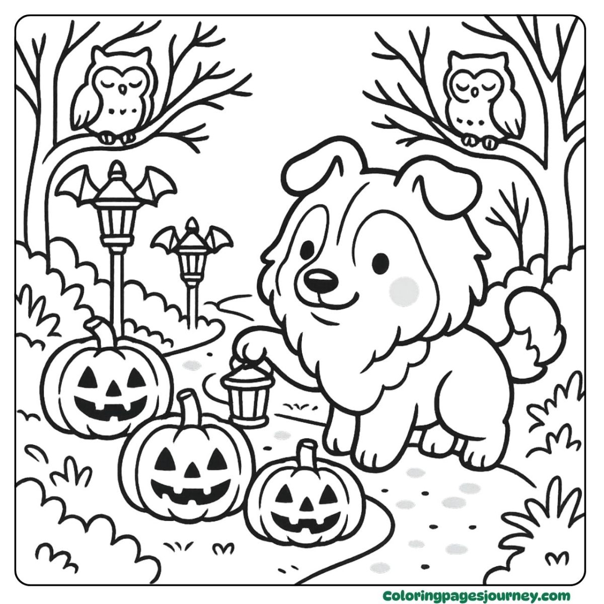 A Halloween dog coloring page walking in pumpkin path A Halloween dog coloring page with lantern stroll