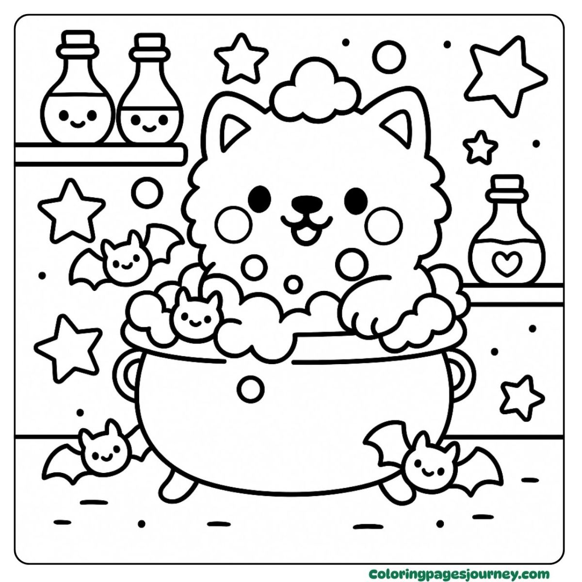 A Halloween dog coloring page with bubbling magic fun A Halloween dog coloring page with potion bubbles
