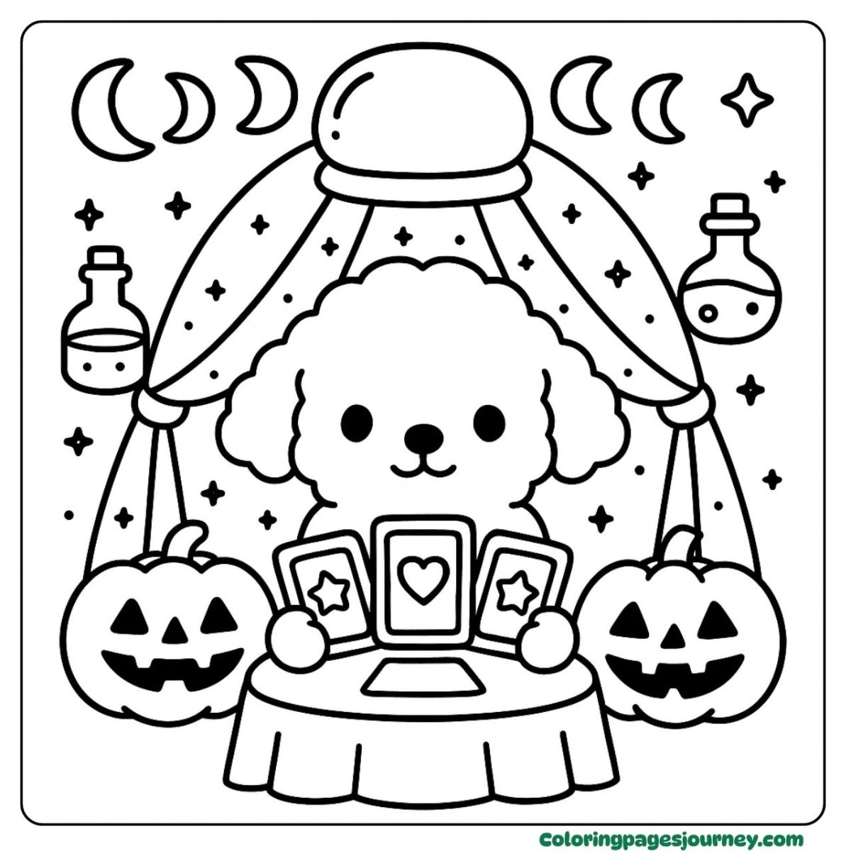 A Halloween dog coloring page with fortune teller pup A Halloween dog coloring page with tarot reading