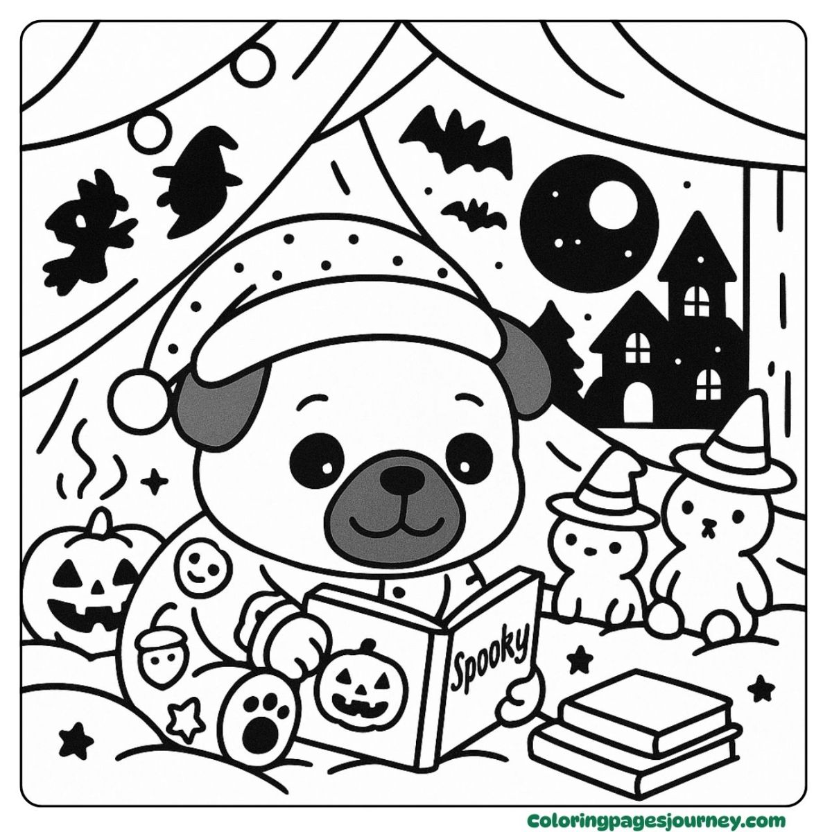 A Halloween Pug coloring page inside a cozy blanket fort A Halloween Pug coloring page reading a spooky book