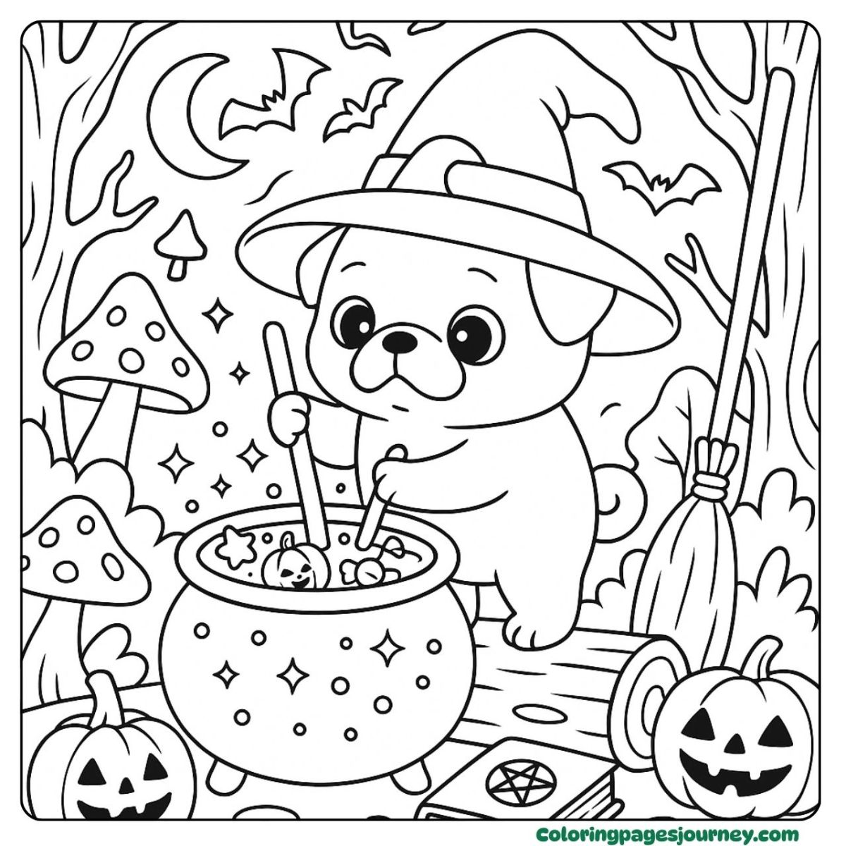 A Halloween Pug coloring page with a spooky forest brew A Halloween Pug coloring page showing a potion scene