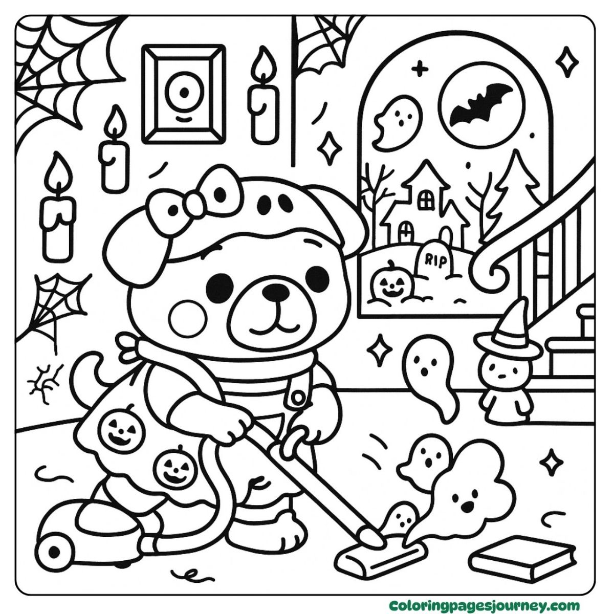 A Halloween Pug coloring page with playful haunted cleaning A Halloween Pug coloring page cleaning up cartoon ghosts