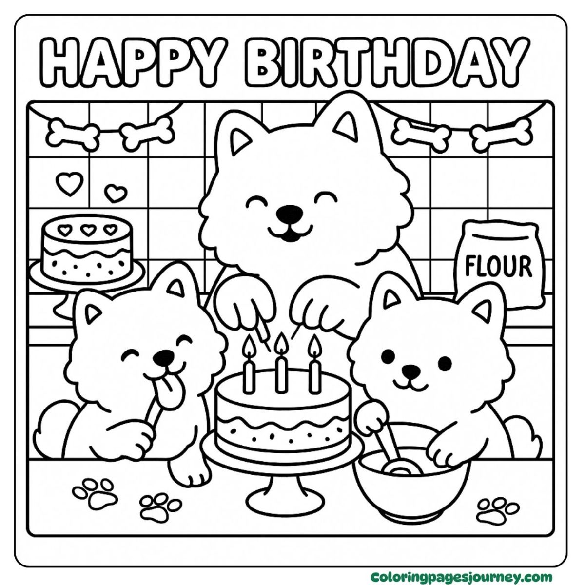 A happy birthday dog coloring page in baking time A happy birthday dog coloring page with dogs baking cake
