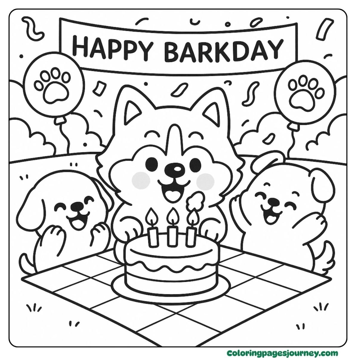 A happy birthday dog coloring page with birthday fun A happy birthday dog coloring page featuring a cake party