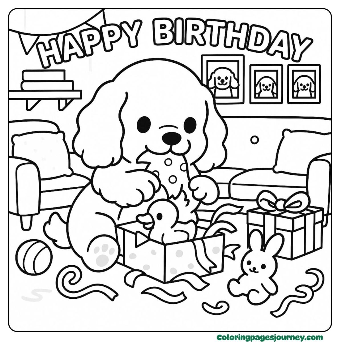A happy birthday dog coloring page with gift surprise A happy birthday dog coloring page of a dog and party gifts