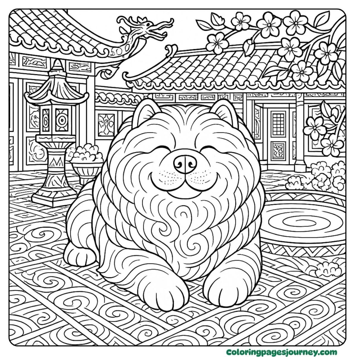A hard dog coloring page lying freely in a yard A hard dog coloring page in a detailed old-style courtyard
