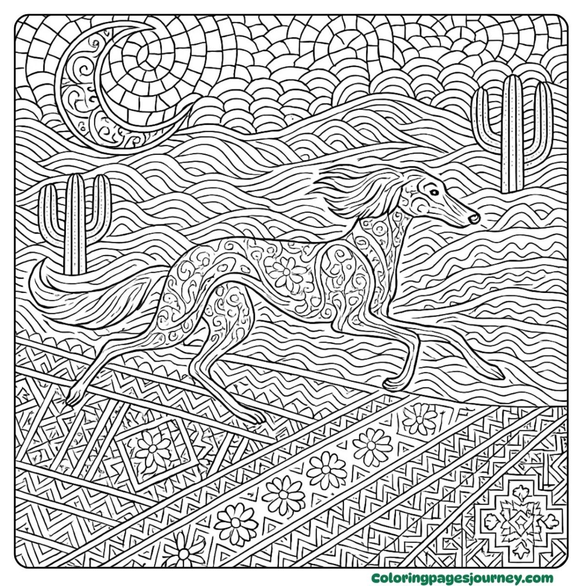 A hard dog coloring page of desert sighthound in motion A hard dog coloring page with fast sighthound and desert