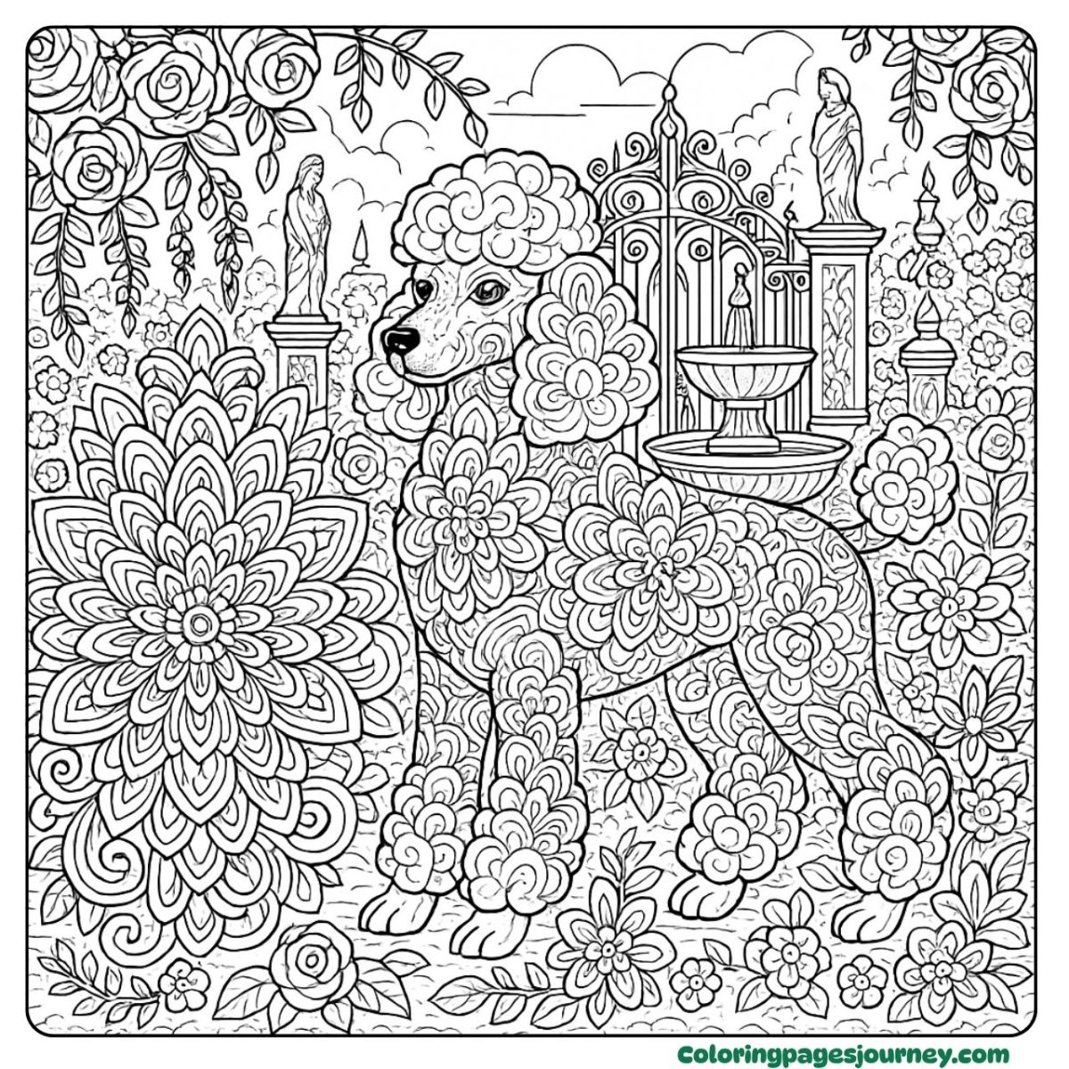 A hard dog coloring page with floral poodle and garden art A hard dog coloring page featuring a floral poodle scene