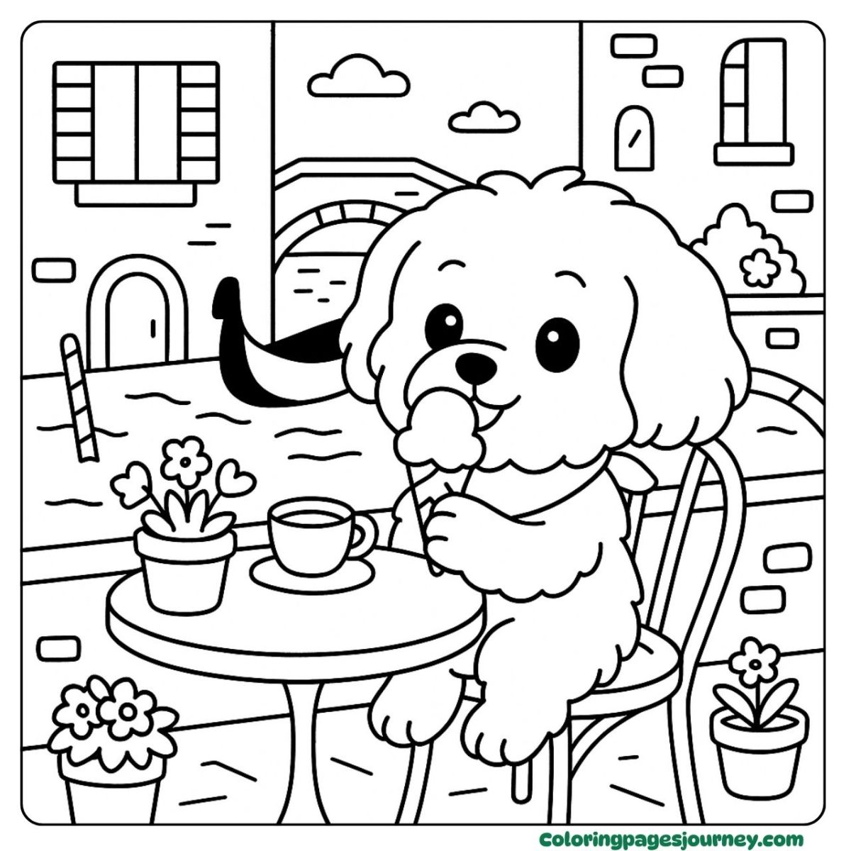 A Havanese coloring page at a canal café A Havanese coloring page relaxing near the canal