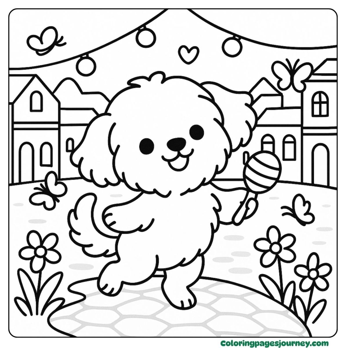 A Havanese coloring page at a cheerful village festival A Havanese coloring page with lights and maracas