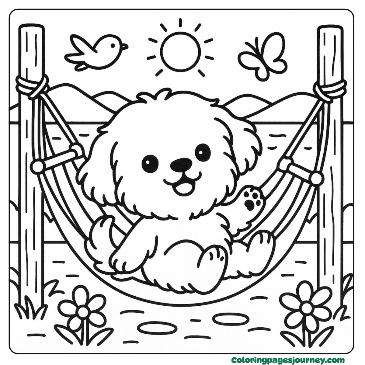 A Havanese coloring page with a hammock by the lake A Havanese coloring page in sunny lakeside scene