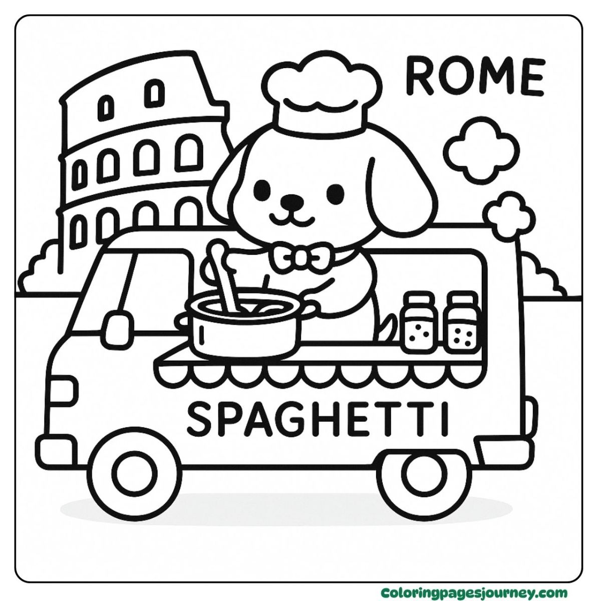 A kawaii dog coloring page cooking spaghetti in Rome A kawaii dog coloring page of a chef dog in Rome