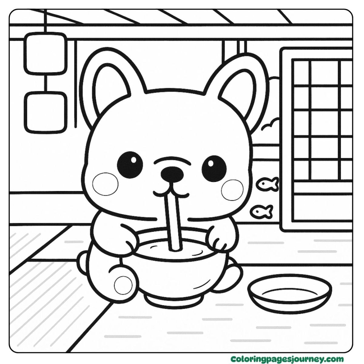 A kawaii dog coloring page drinking milk at home A kawaii dog coloring page with milk bowl indoors