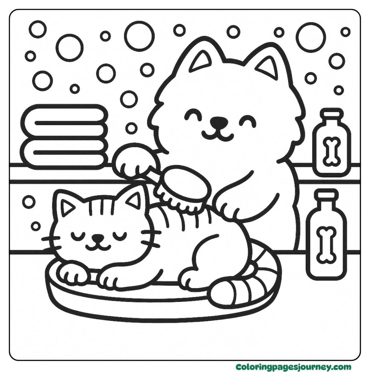 A kawaii dog coloring page grooming a sleepy cat friend A kawaii dog coloring page with dog brushing cat