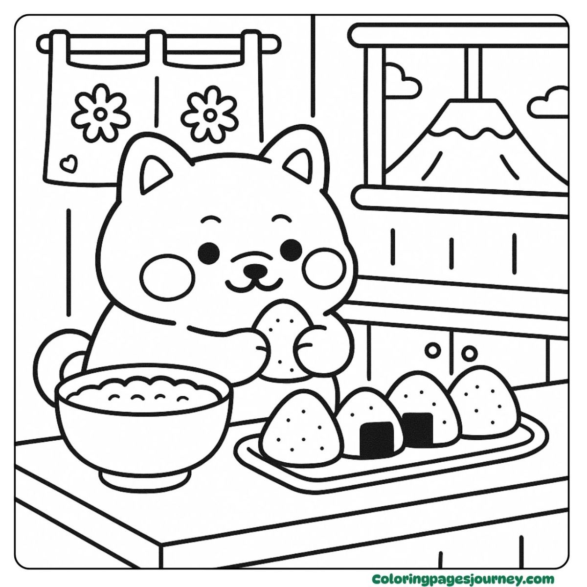 A kawaii dog coloring page making cute rice balls A kawaii dog coloring page with rice balls and kitchen scene