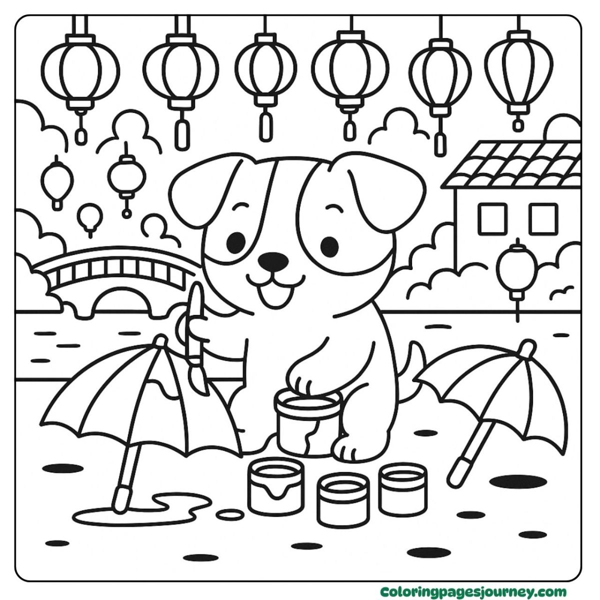 A kawaii dog coloring page painting cute umbrellas A kawaii dog coloring page with paper umbrellas and lanterns