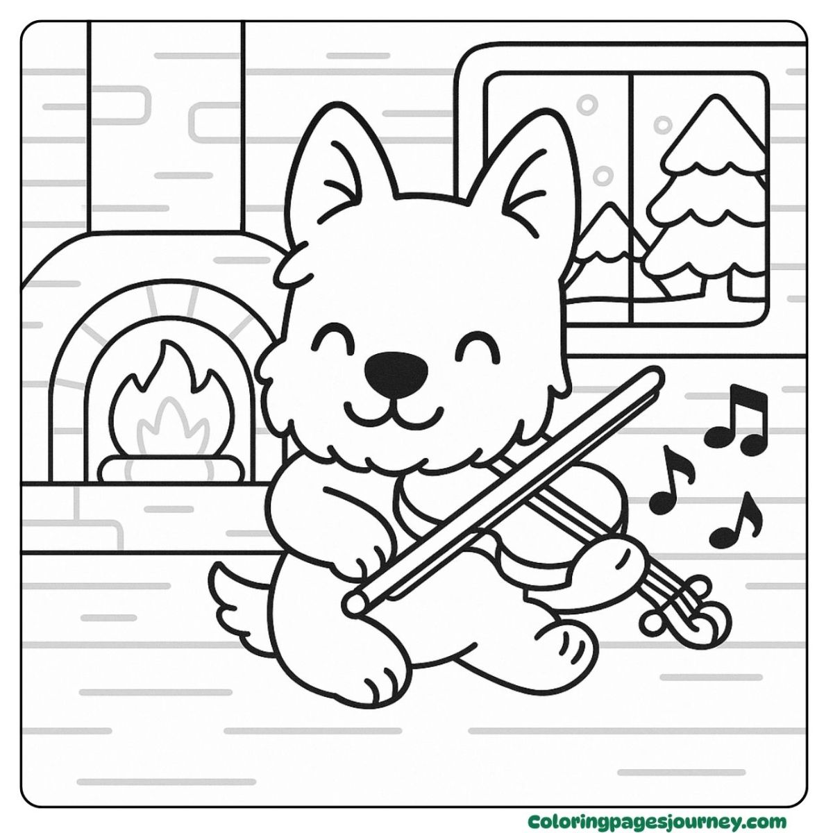 A kawaii dog coloring page playing violin by the fire A kawaii dog coloring page of a musical dog indoors