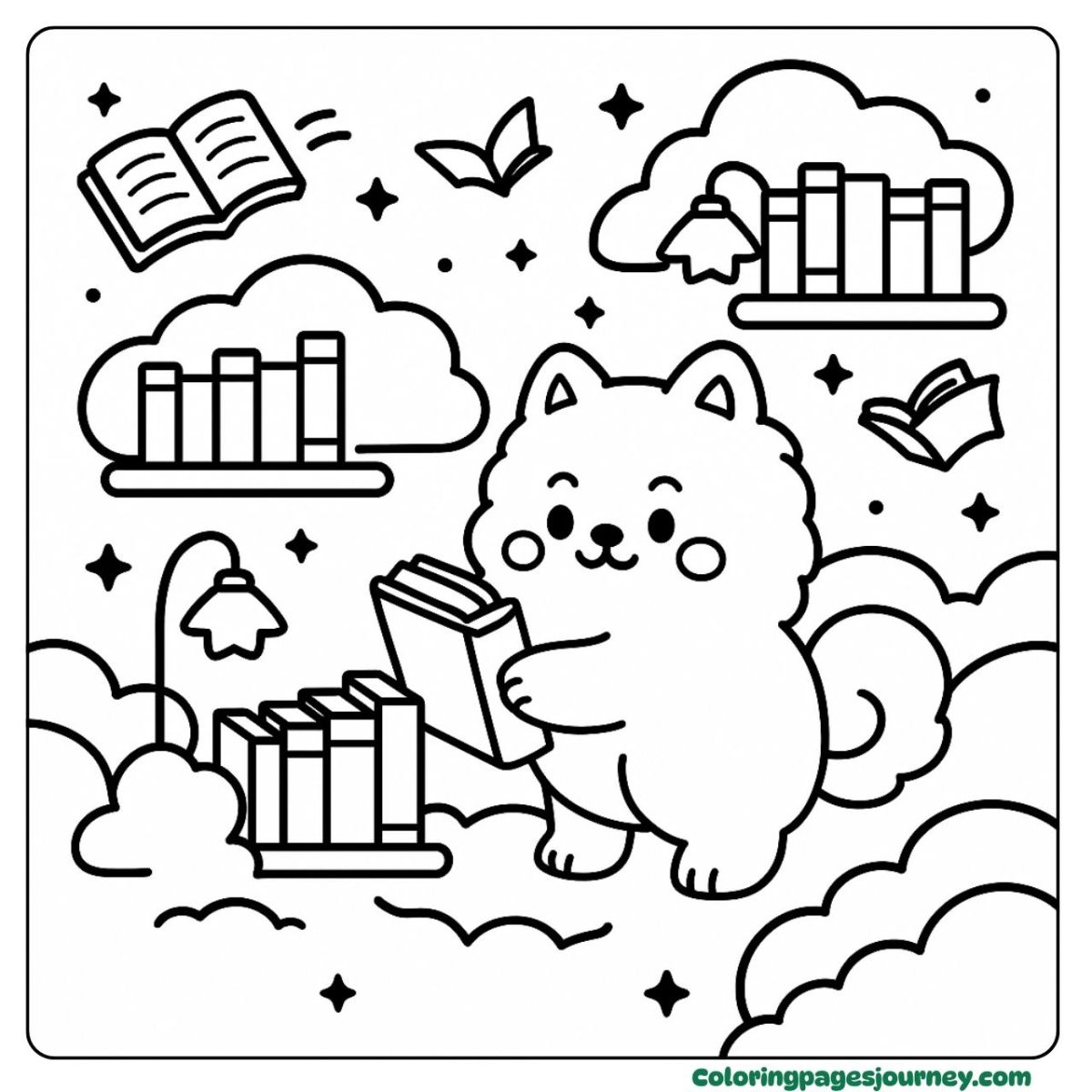 A kawaii dog coloring page reading books in the clouds A kawaii dog coloring page with books and clouds