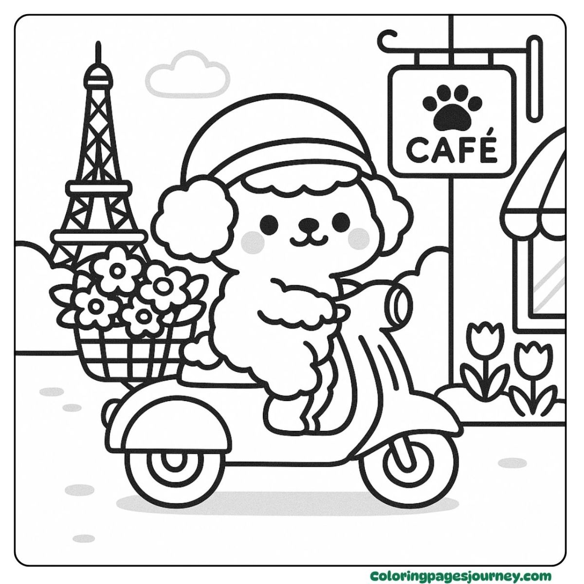 A kawaii dog coloring page riding a scooter in Paris A kawaii dog coloring page riding through a Paris cafe scene