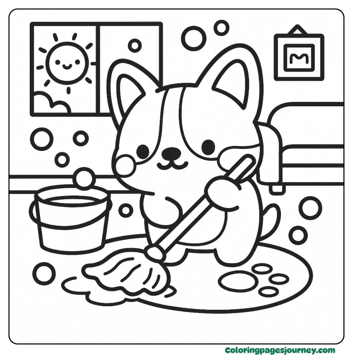 A kawaii dog coloring page with a mop and bubbles A kawaii dog coloring page featuring a cute dog cleaning