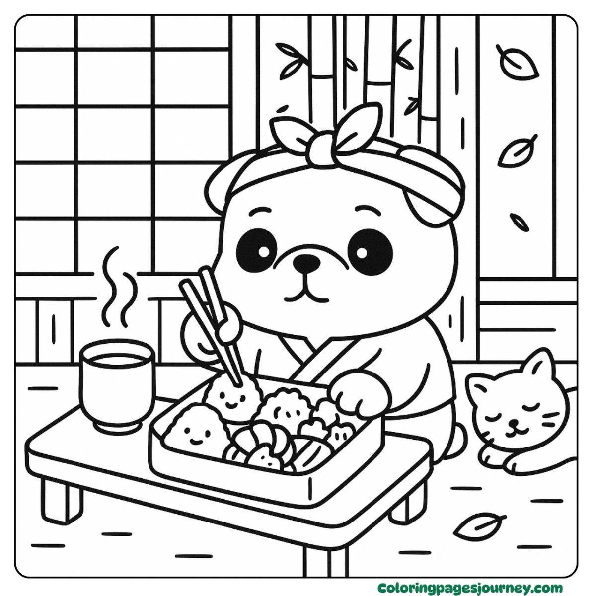 A kawaii pug coloring page enjoying a bento meal A kawaii pug coloring page with a Japanese-style lunch