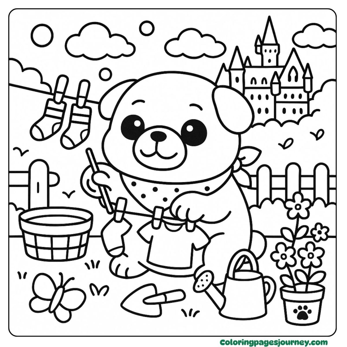 A kawaii pug coloring page with a castle view A kawaii pug coloring page in a fairytale setting