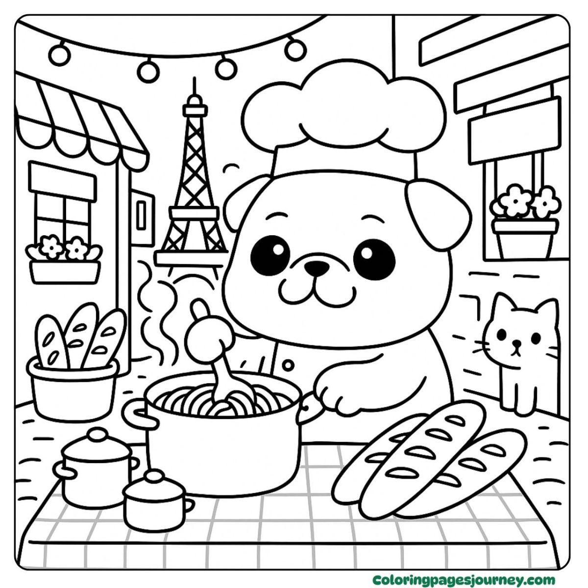 A kawaii pug coloring page with a kitchen scene A kawaii pug coloring page in a cozy cooking moment