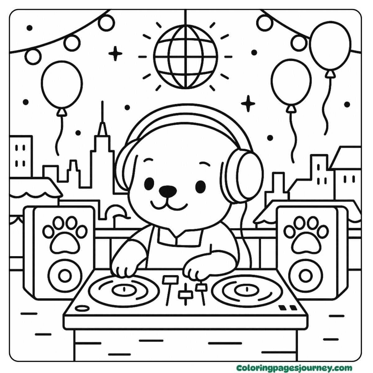 A Labrador Retriever coloring page at a rooftop party A Labrador Retriever coloring page DJing at night