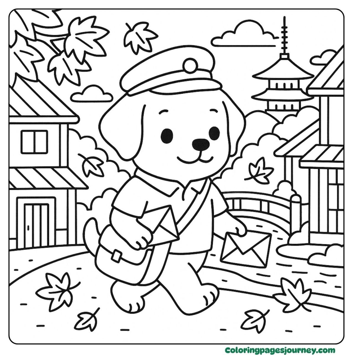 A Labrador Retriever coloring page delivering letters in fall A Labrador Retriever coloring page walking through the village