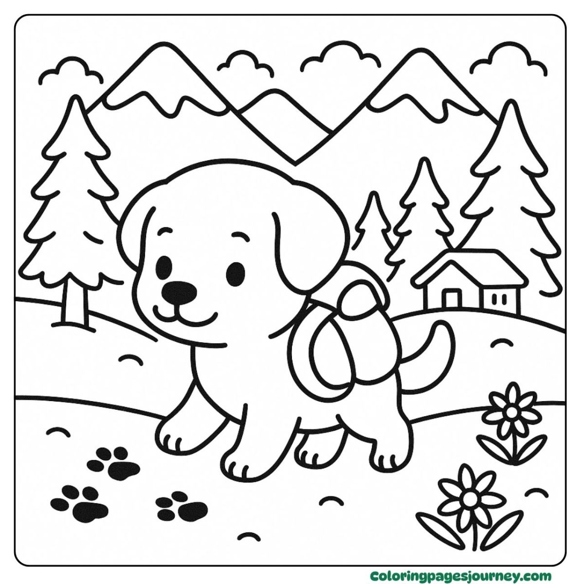 A Labrador Retriever coloring page hiking in the forest A Labrador Retriever coloring page walking mountain trail