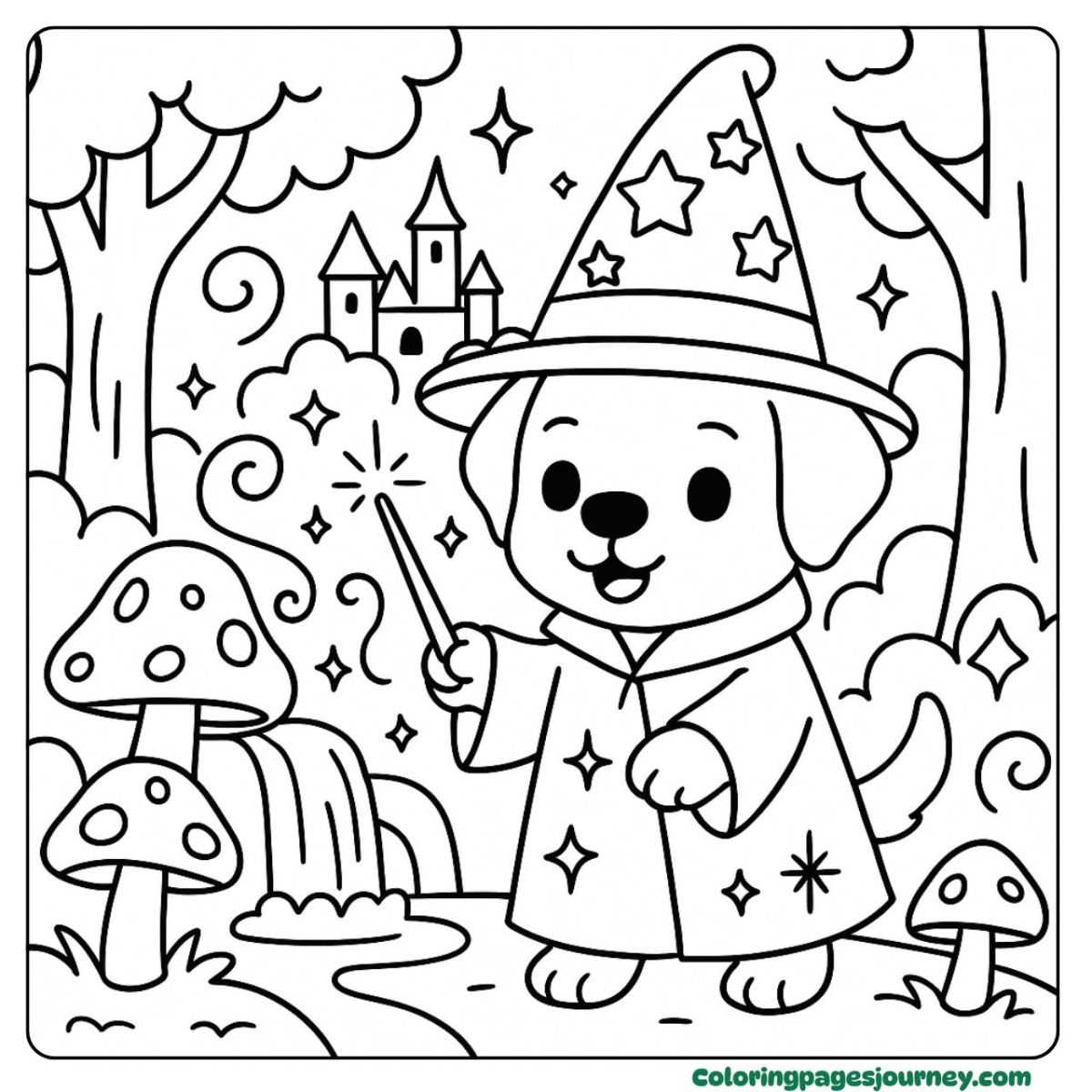 A Labrador Retriever coloring page in a magical forest A Labrador Retriever coloring page casting spells in the woods